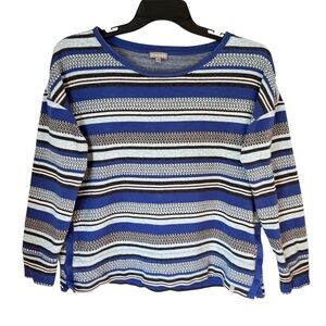 T By Talbots Blue Striped Knit Preppy Boxy Top with Side Buttons Sz L